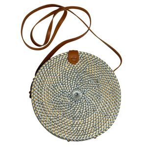 Round Rattan Wicker Purse Shoulder Bag Cross Body Shoulder Blue Tan bv